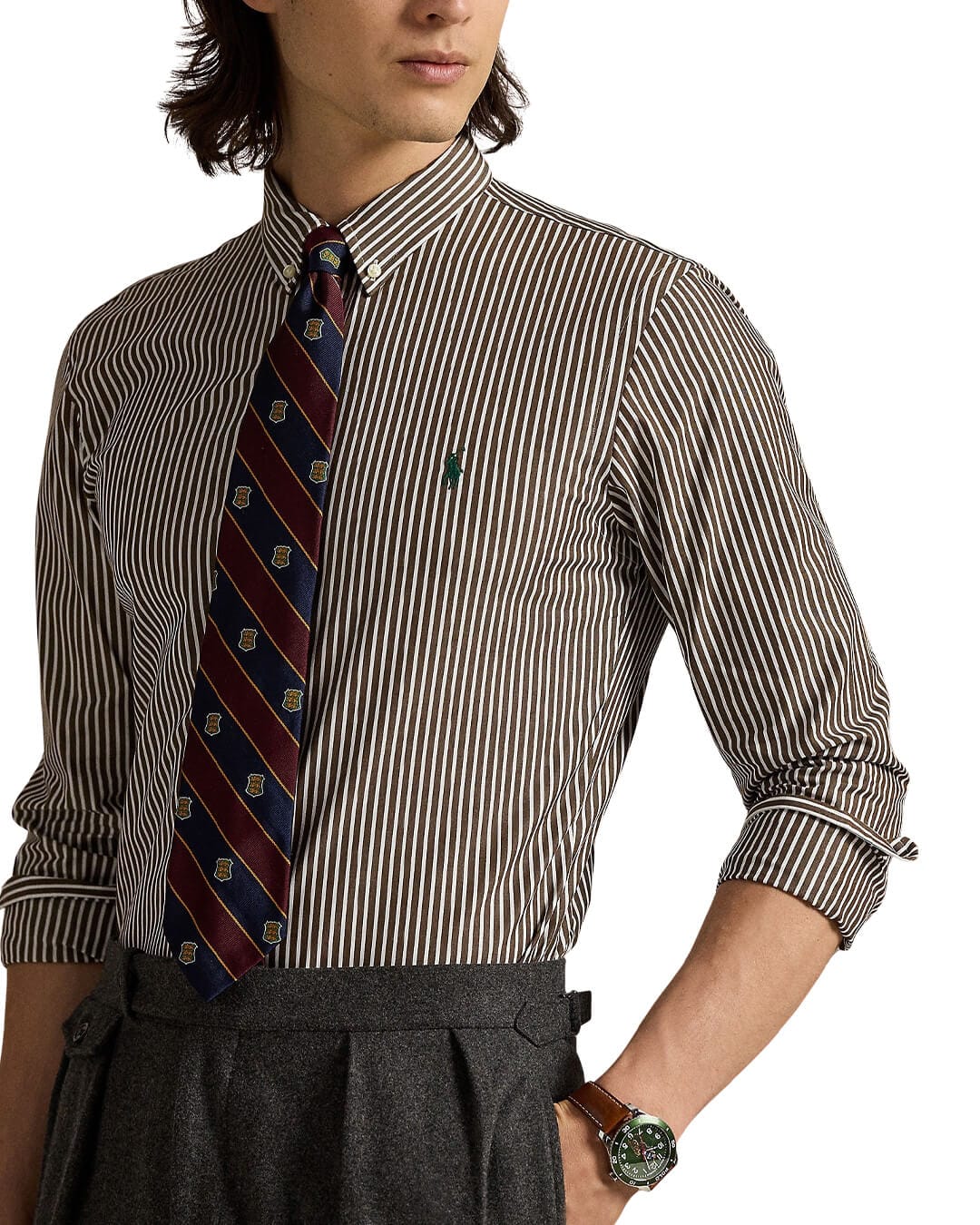 Polo Ralph Lauren Shirts CUSTOM FIT STRIPED STRETCH POPLIN SHIRT BROWN