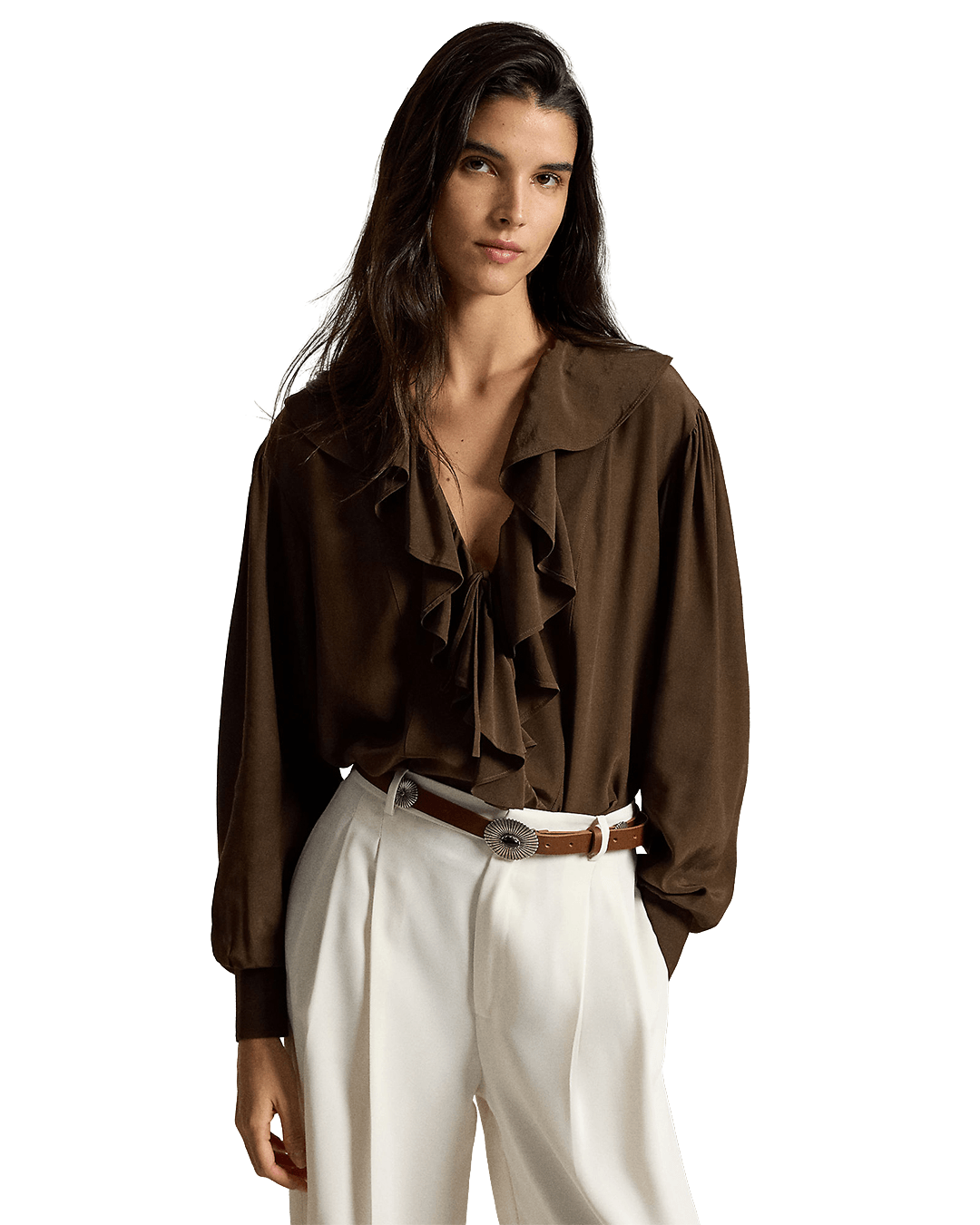 Polo Ralph Lauren Shirts Ralph Lauren Brown Ralph Lauren Ruffled Crepe Shirt Brown