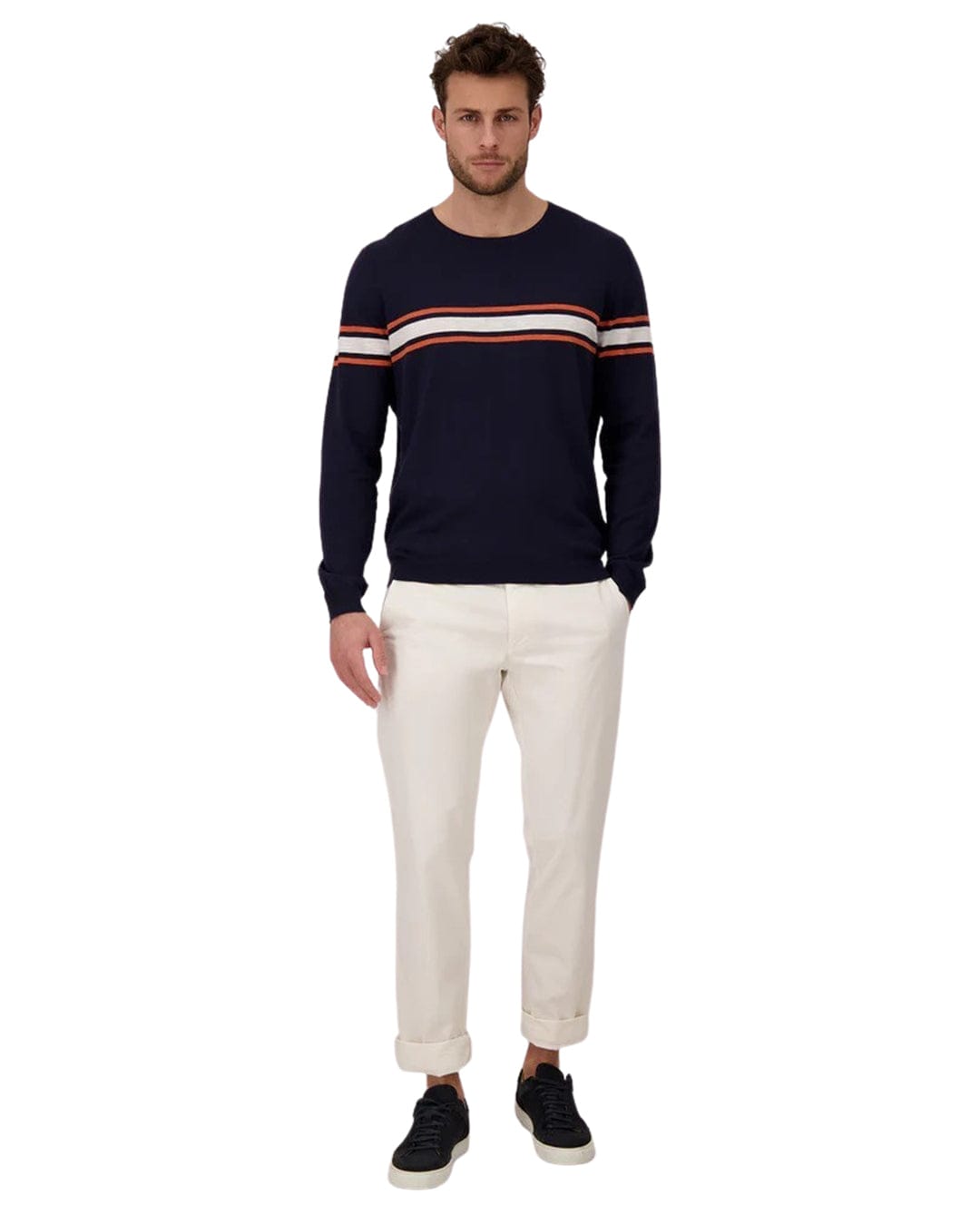 Fynch-Hatton Jumpers Fynch-Hatton Navy Cotton Linen Striped Crew Neck Jumper