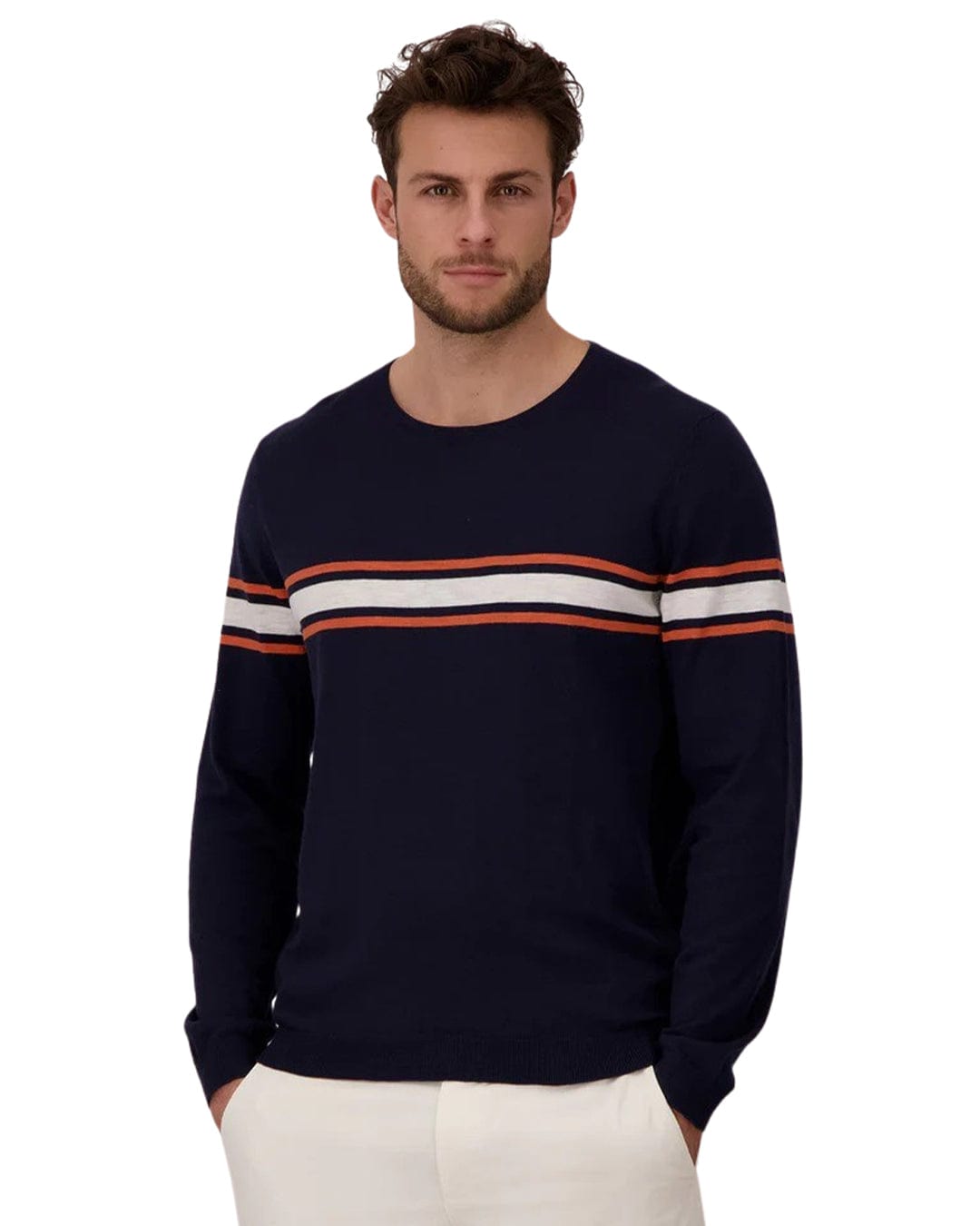 Fynch-Hatton Jumpers Fynch-Hatton Navy Cotton Linen Striped Crew Neck Jumper