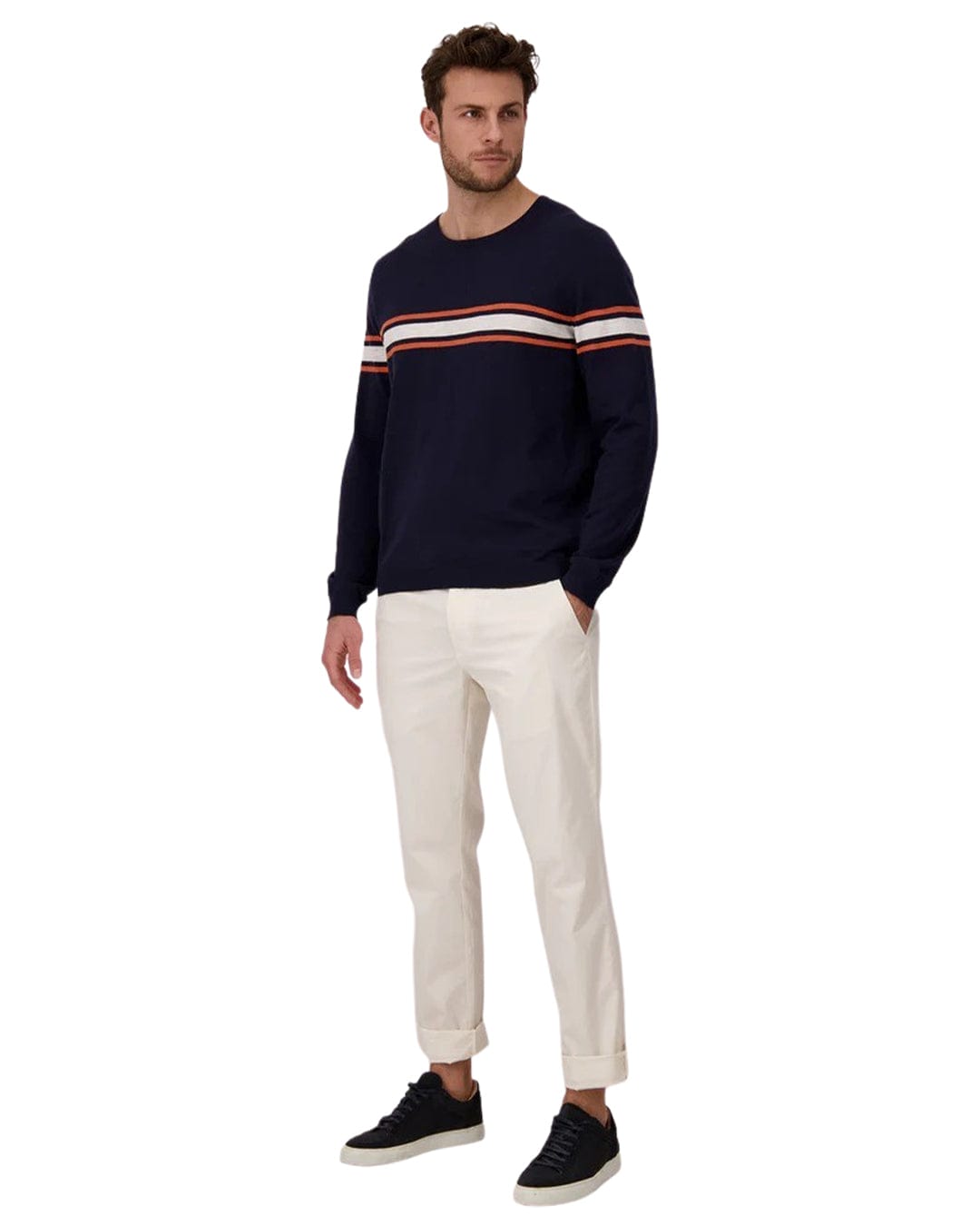 Fynch-Hatton Jumpers Fynch-Hatton Navy Cotton Linen Striped Crew Neck Jumper