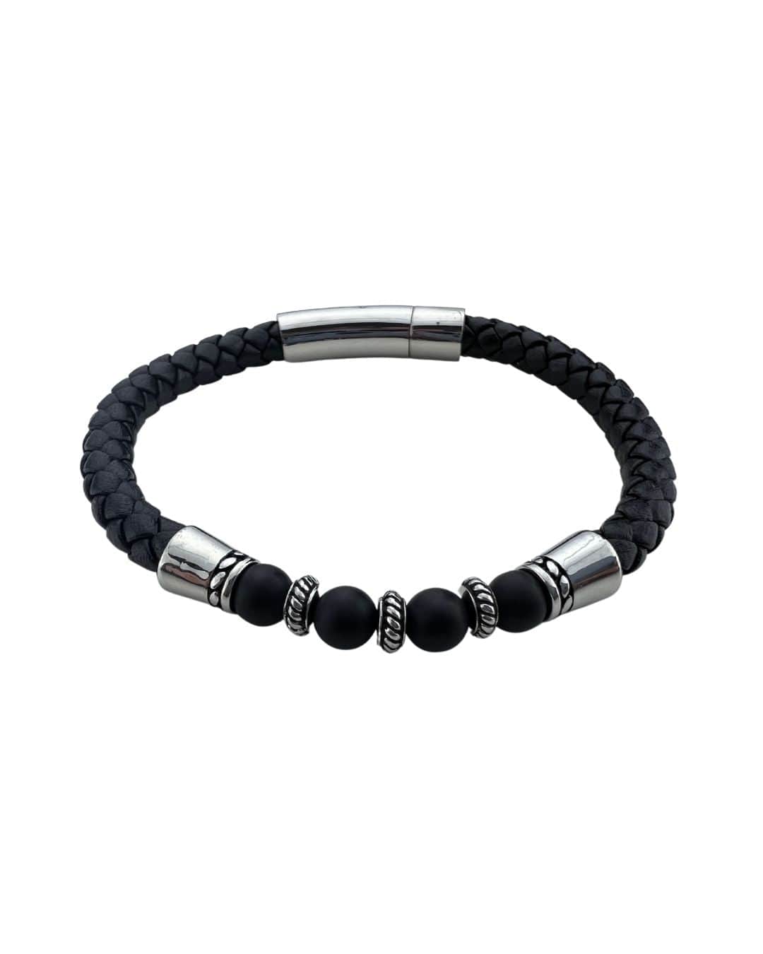 Gagliardi Bracelets Gagliardi Black Braided Leather &amp; Beads Bracelet