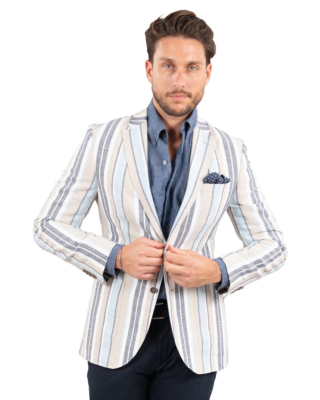 Gagliardi Jackets Gagliardi Blue Linen Cotton Striped Jacket