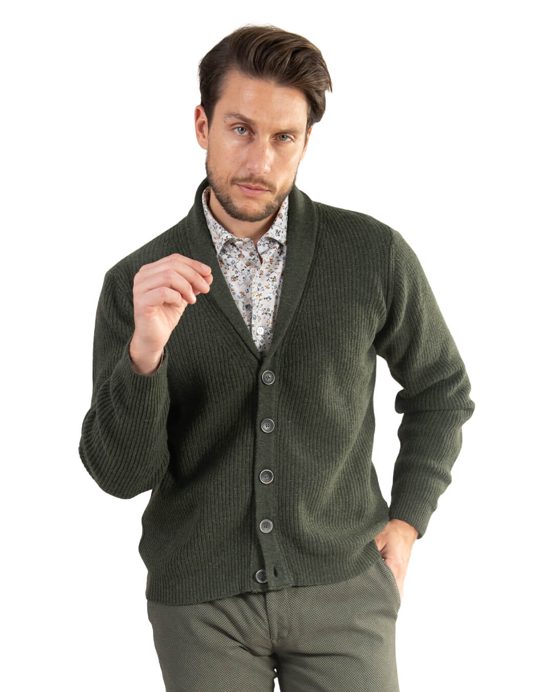 Gagliardi Jumpers Gagliardi Olive Fisherman&#39;s Rib Wool Blend Shawl Collar Cardigan