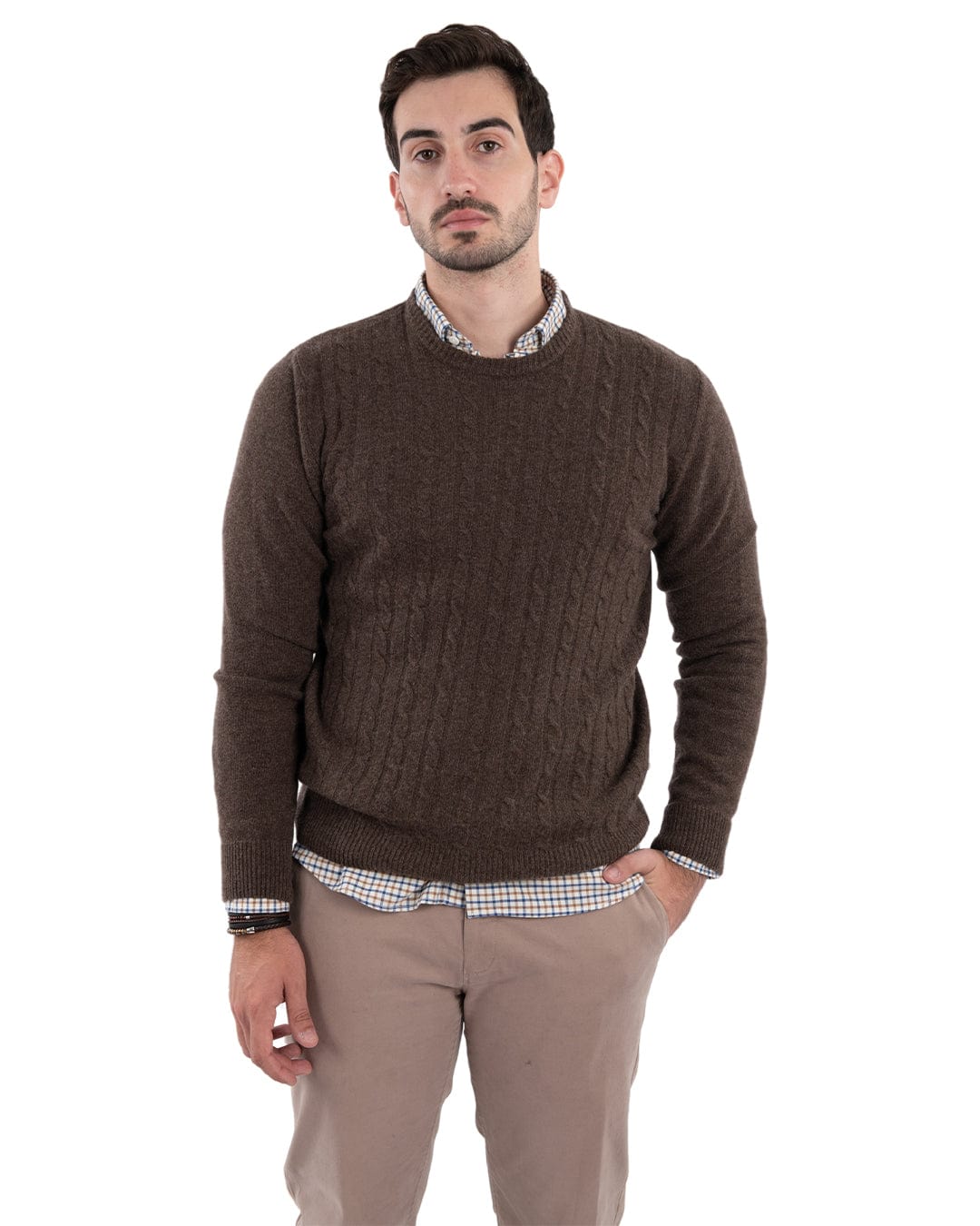 Gagliardi Jumpers Gagliardi Reclaimed Lambswool Brown Cable Front Crew Neck Jumper