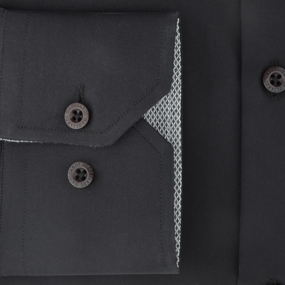 Gagliardi Shirts Black Mercerised Plain With Charcoal Diamond Jacquard Trim Slim Fit Dress Shirt