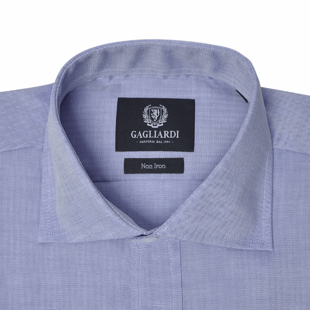 Gagliardi Shirts Blue Herringbone Cutaway Collar Single Cuffed Slim-Fit Non-Iron Shirt