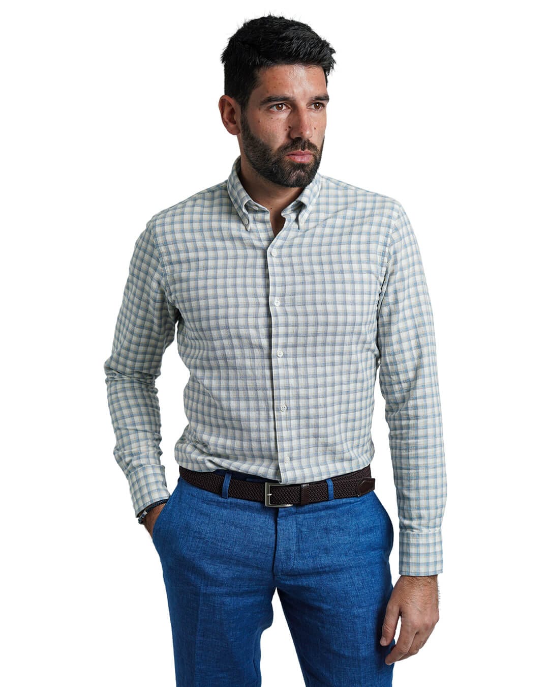 Gagliardi Shirts Gagliardi Blue Slim Fit Cotton Linen Check Button-Down Shirt