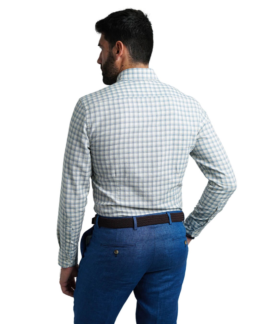 Gagliardi Shirts Gagliardi Blue Slim Fit Cotton Linen Check Button-Down Shirt