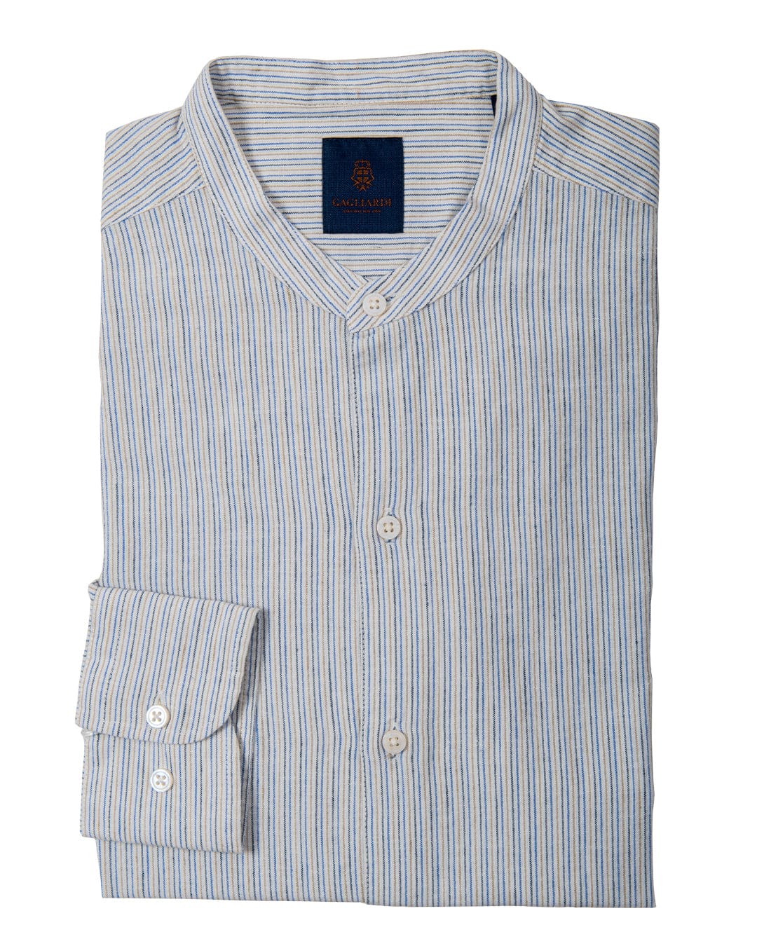 Gagliardi Shirts Gagliardi Blue Slim Fit Linen Cotton Vintage Striped Grandad Collar Shirt