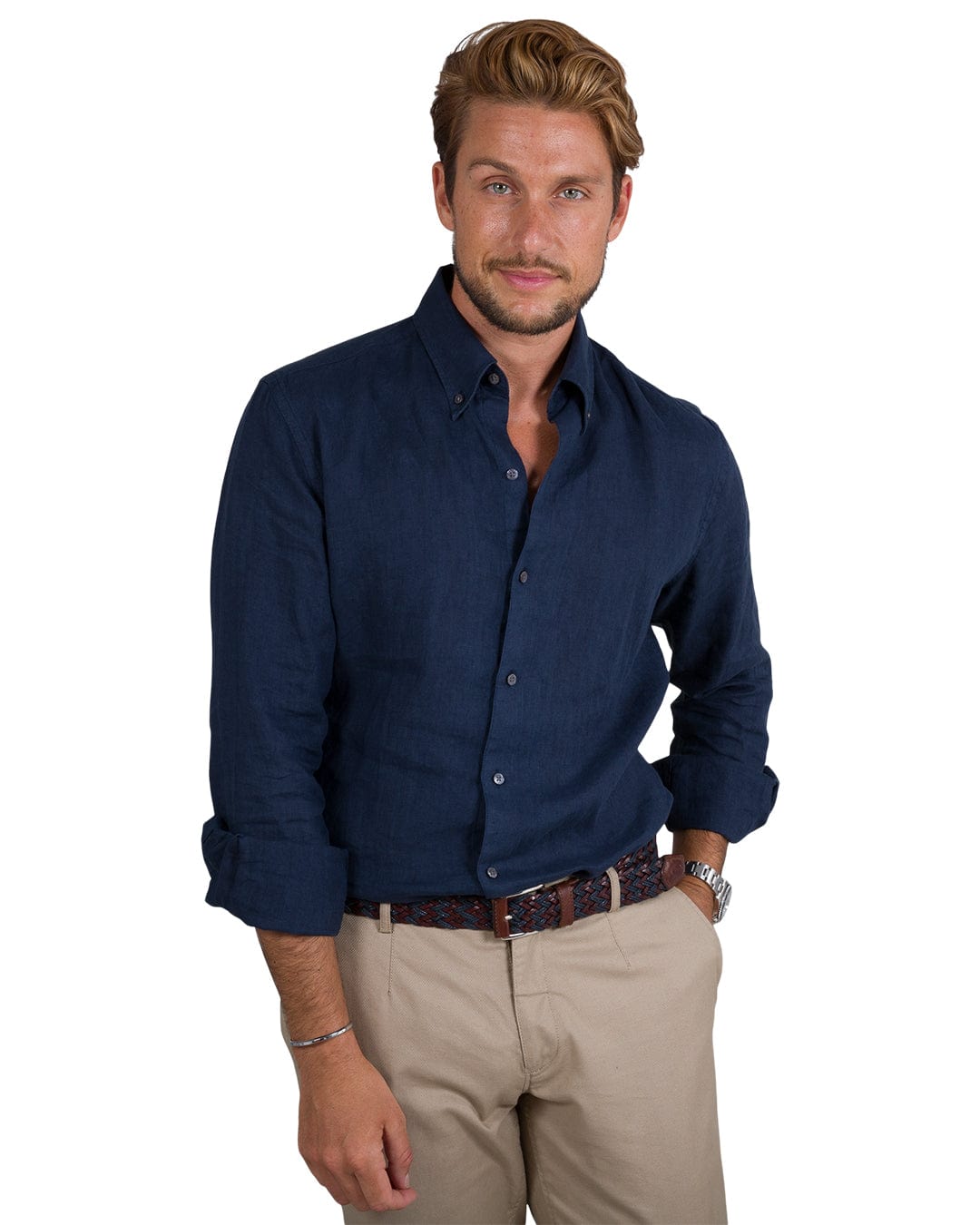Gagliardi Shirts Gagliardi Navy Slim Fit Linen Button-Down Shirt