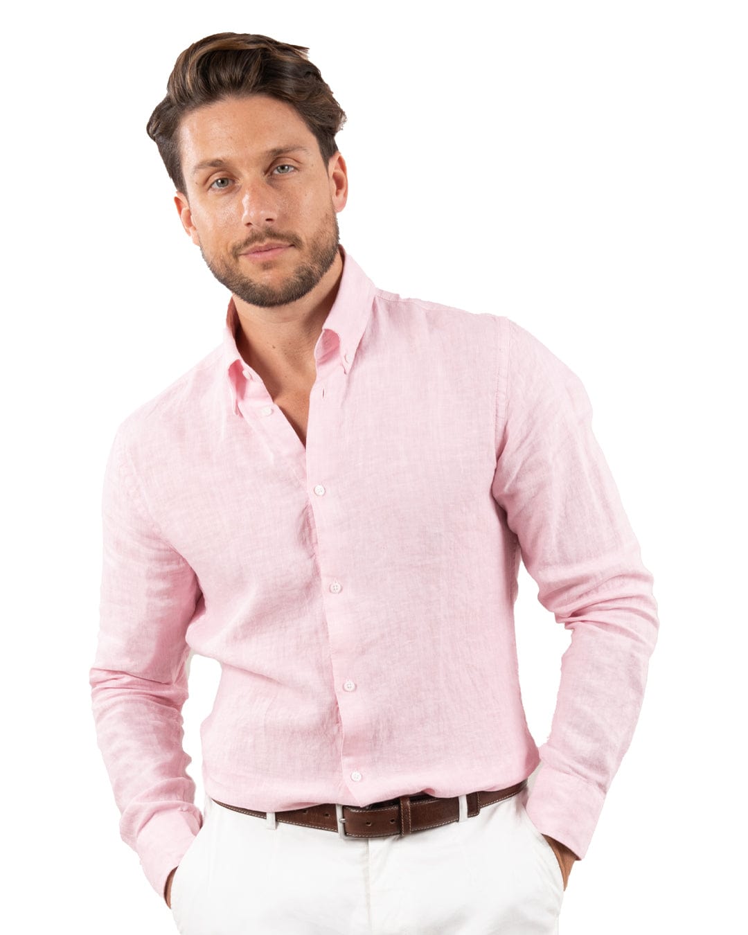 Gagliardi Shirts Gagliardi Pink Slim Fit Linen Button-Down Shirt