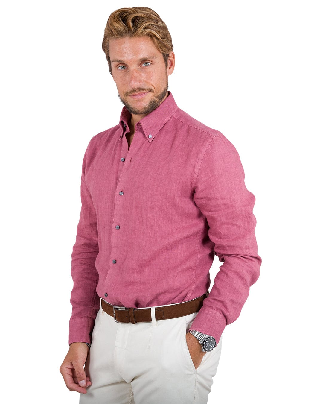 Gagliardi Shirts Gagliardi Red Slim Fit Linen Button-Down Shirt