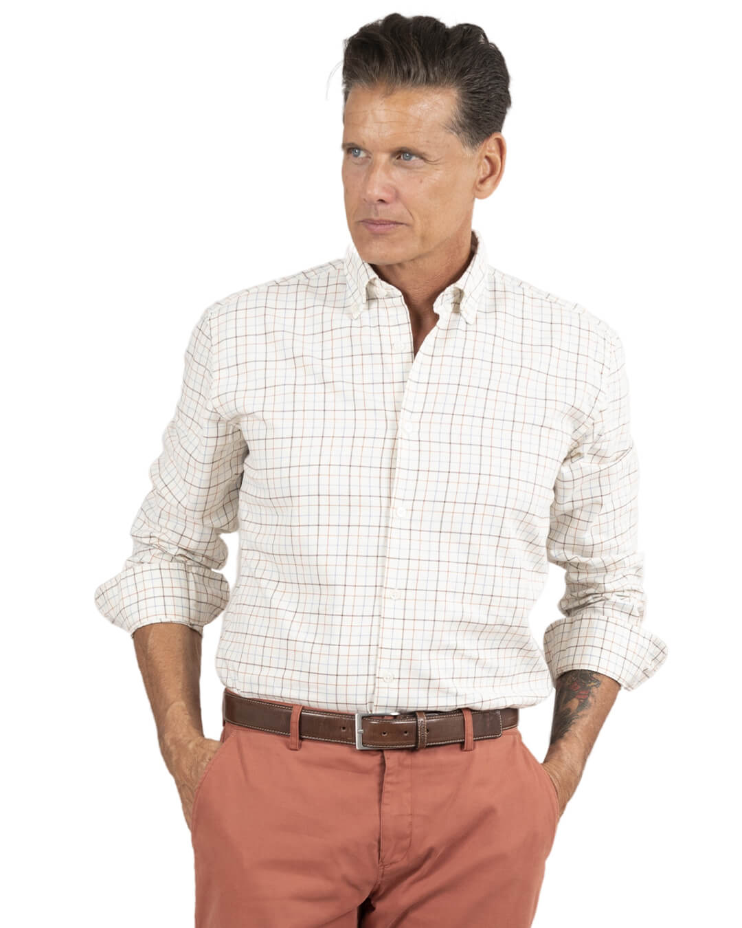 Gagliardi Shirts Gagliardi Tailored Fit Brushed Cotton Beige Tattersall Check Button Down Shirt