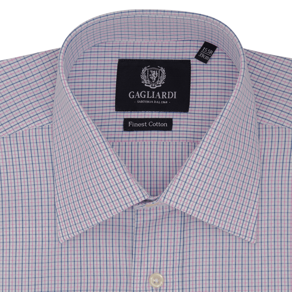 Gagliardi Shirts Mid Blue With Pink Overcheck Checked Tailored Fit Classic Collar Shirt