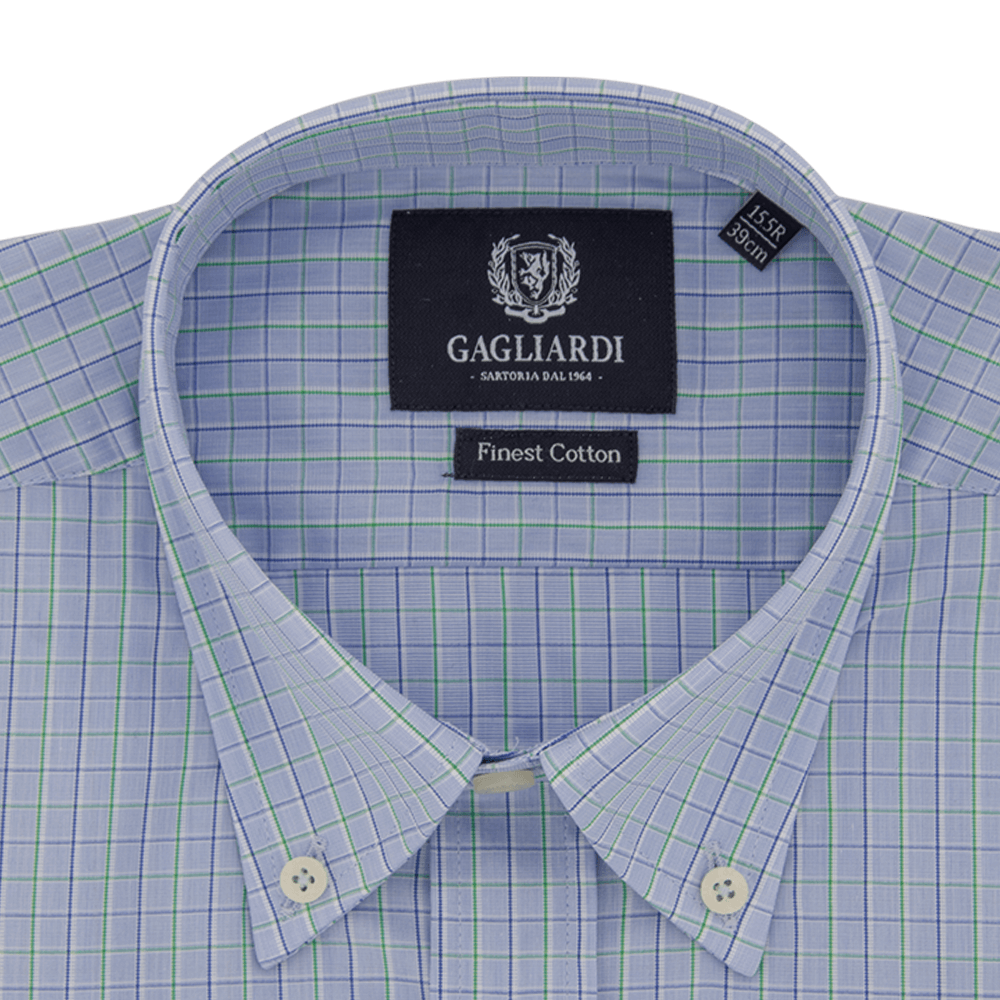 Gagliardi Shirts Sky with Green End on End Windowpane Overcheck Business Shirt