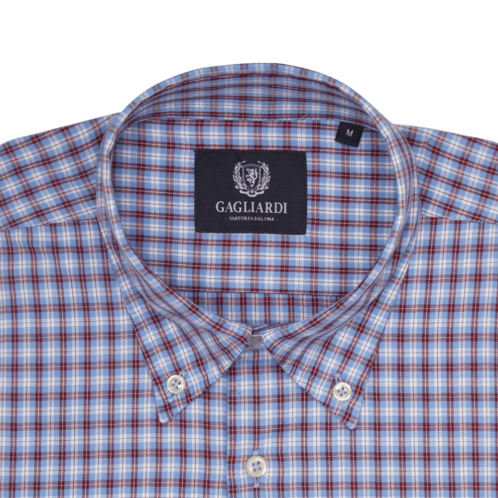 Gagliardi Shirts Sky With Raspberry &amp; White Overcheck Checked Tailored Fit Buttondown Collar Shirt