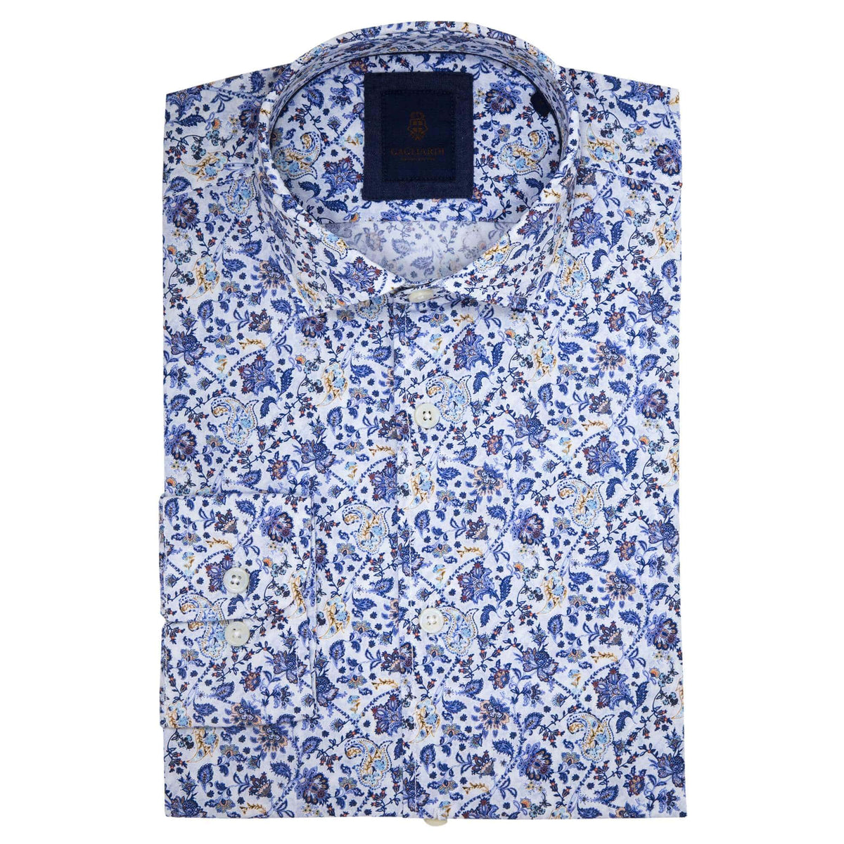 Gagliardi Shirts Slim Fit White Shirt With Blue Floral Print
