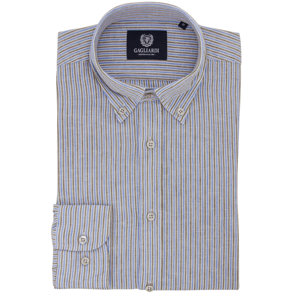 Gagliardi Shirts Stone with Brown &amp; Blue Stripe Weekend Linen Shirt