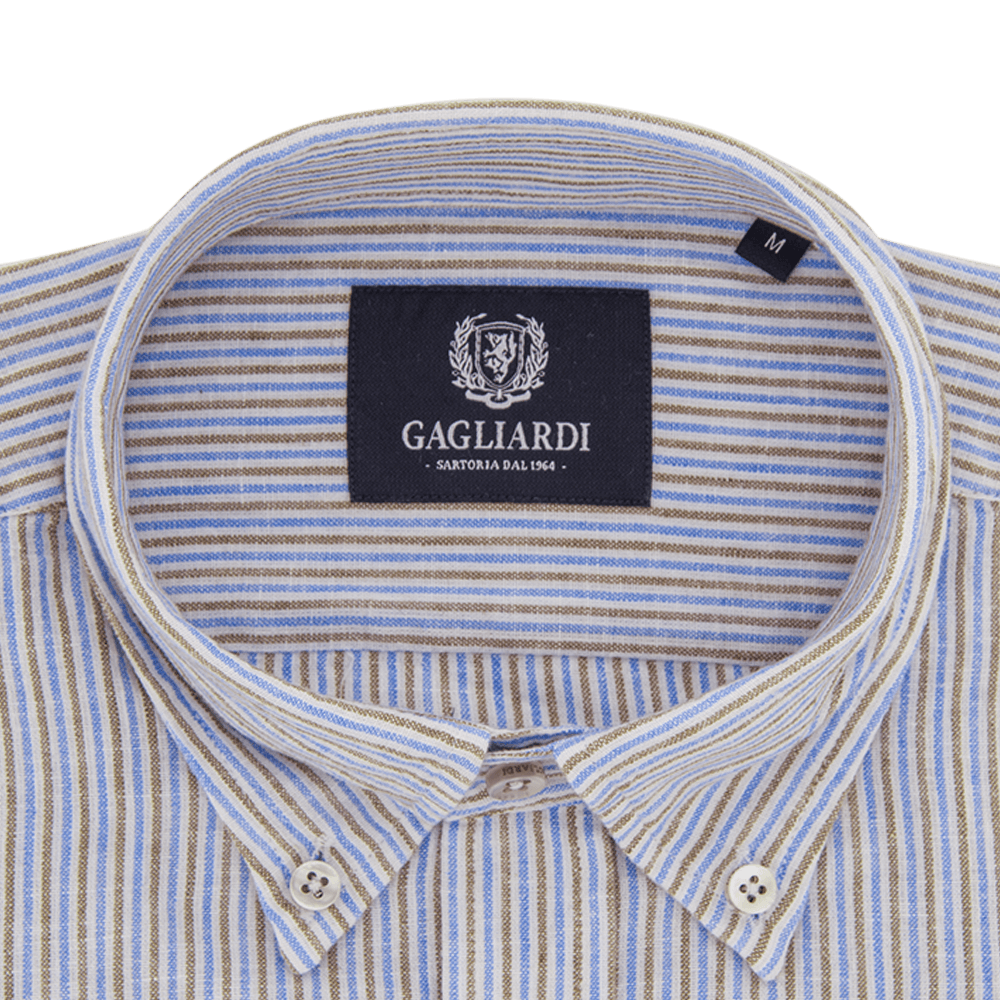 Gagliardi Shirts Stone with Brown &amp; Blue Stripe Weekend Linen Shirt
