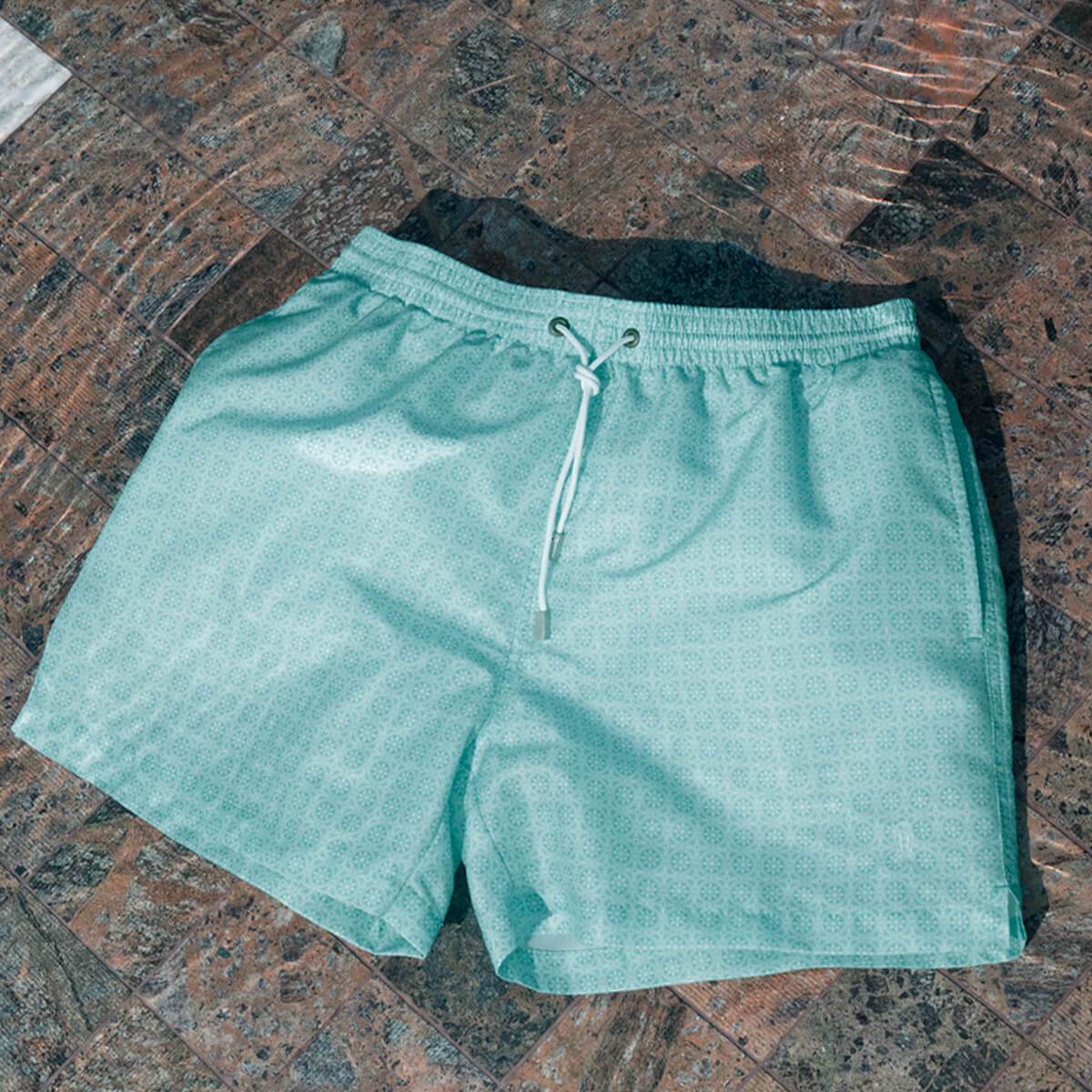 Gagliardi Swimwear Turquoise Maltese Tile Print Swim Shorts