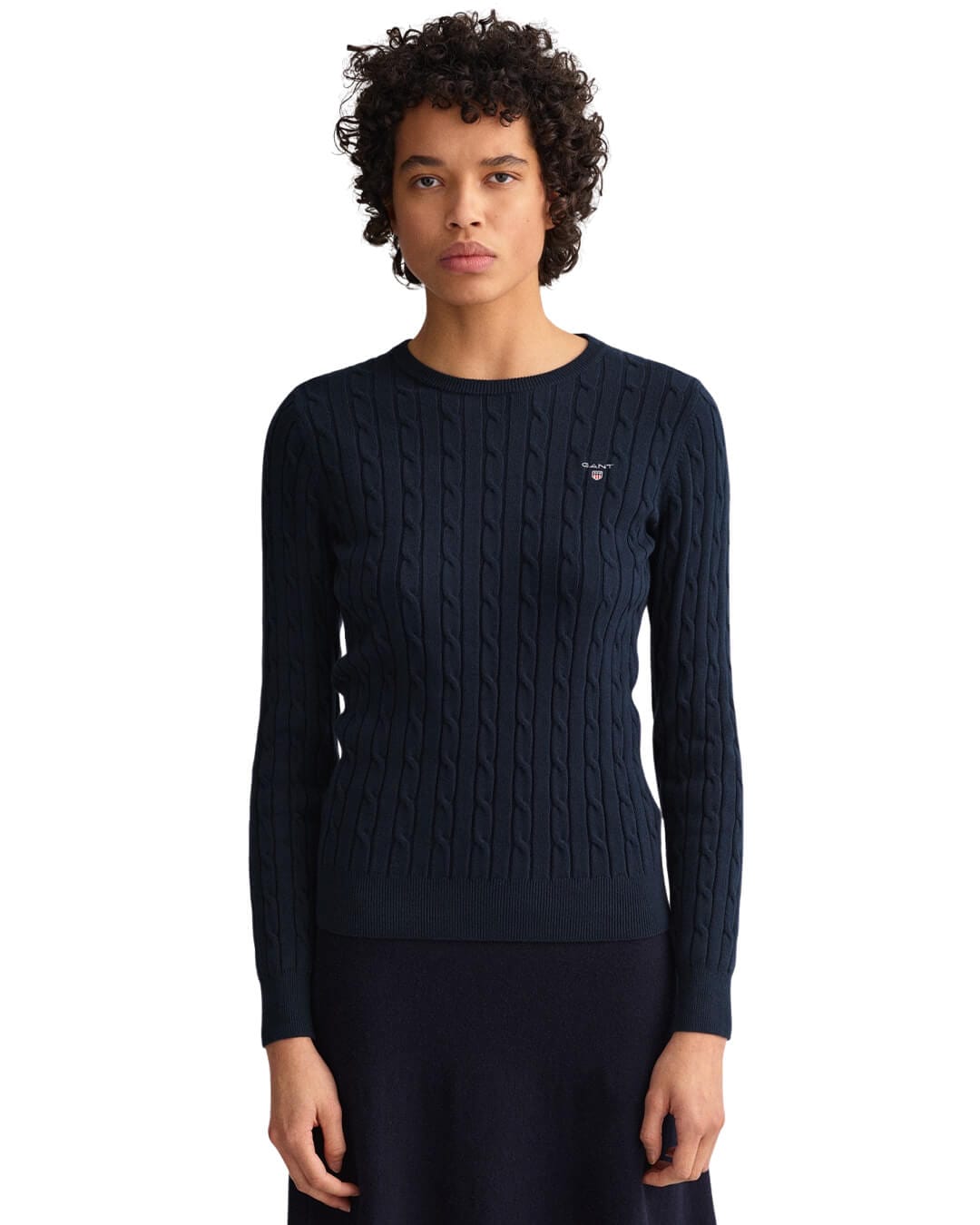 Gant Jumpers Gant Navy Stretch Cotton Cable Knit Crew Neck Sweater