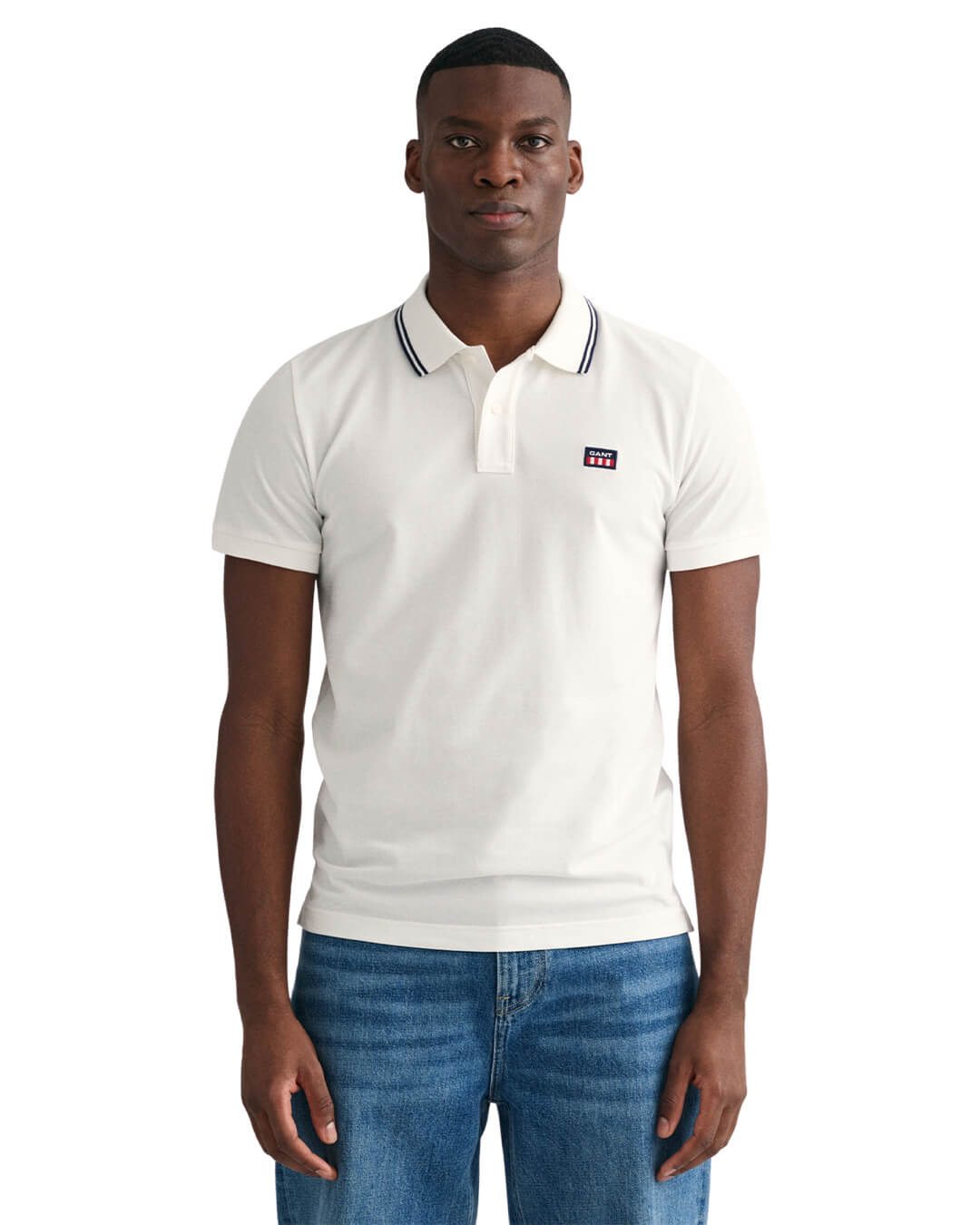 Gant Polo Shirts Gant White Striped Contrast Collar Pique Polo Shirt