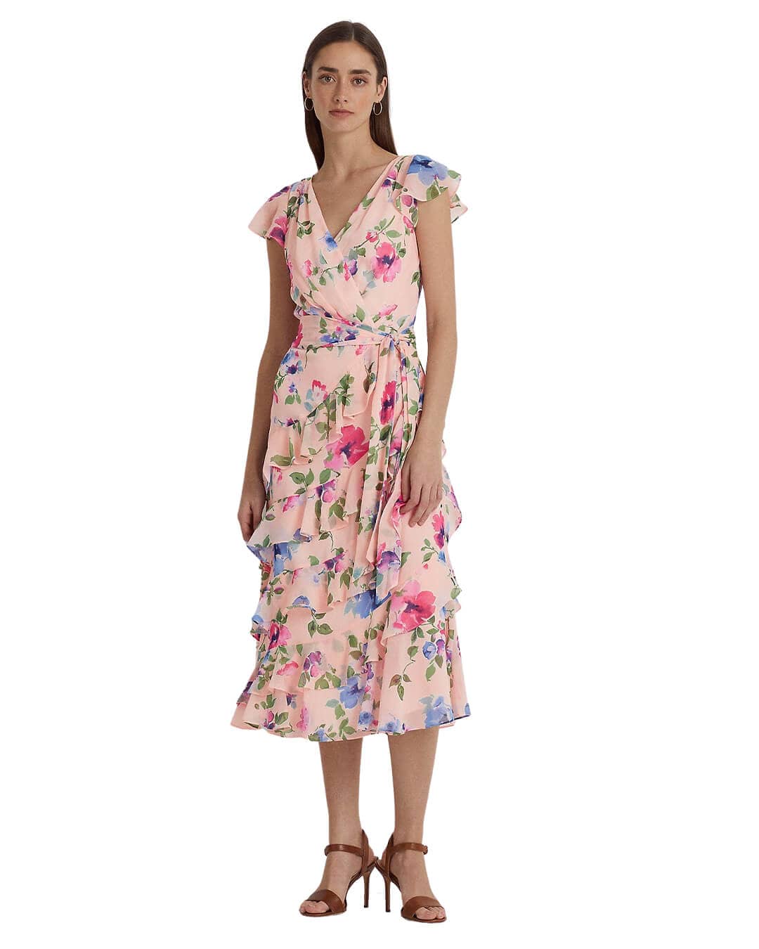 Lauren By Ralph Lauren Dresses Lauren By Ralph Lauren Pink Floral Belted Georgette Dress
