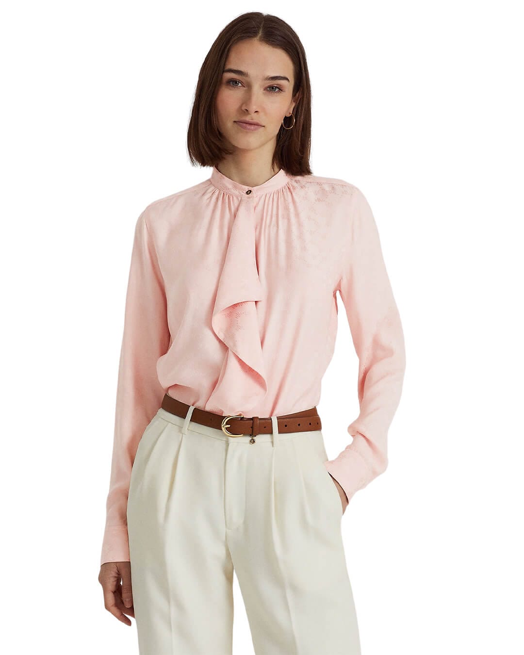 Lauren By Ralph Lauren Shirts Lauren By Ralph Lauren Ruffle-Trim Logo Pink Jacquard Shirt